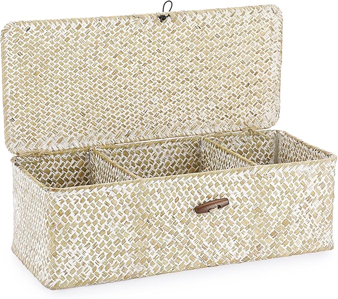 Hipiwe Seagrass Storage Basket Bin 3 Sections Hand-Woven Wicker Baskets by Hipiwe