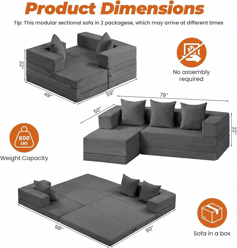 6-in-1 Tri-Folding Mattress | Cloud Boneless L-Shaped Modular Sectional Couch...
