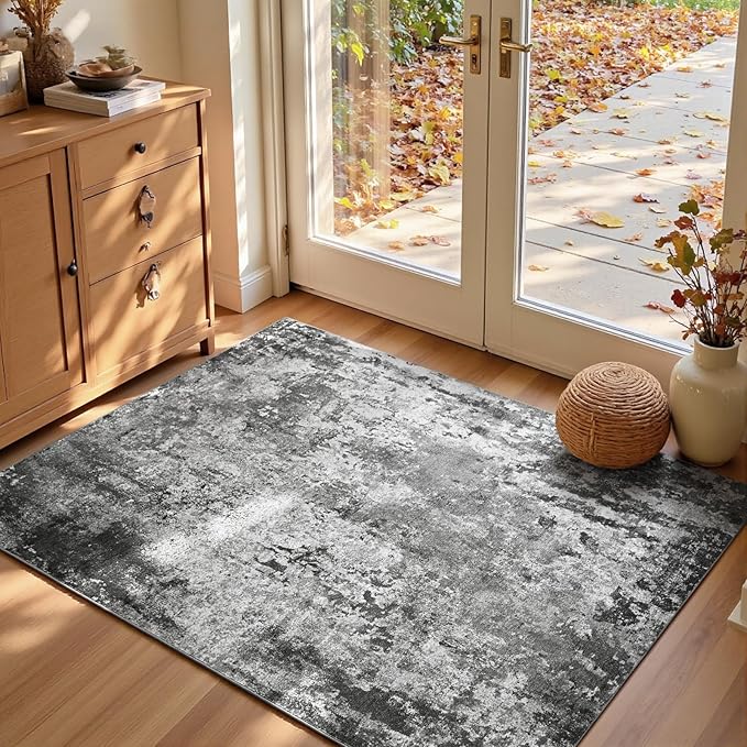 Entrance Rugs Indoor 3x5 Black Entry Rug Washable Abstract Black Small Area Rug by OmpaaHomeDecor