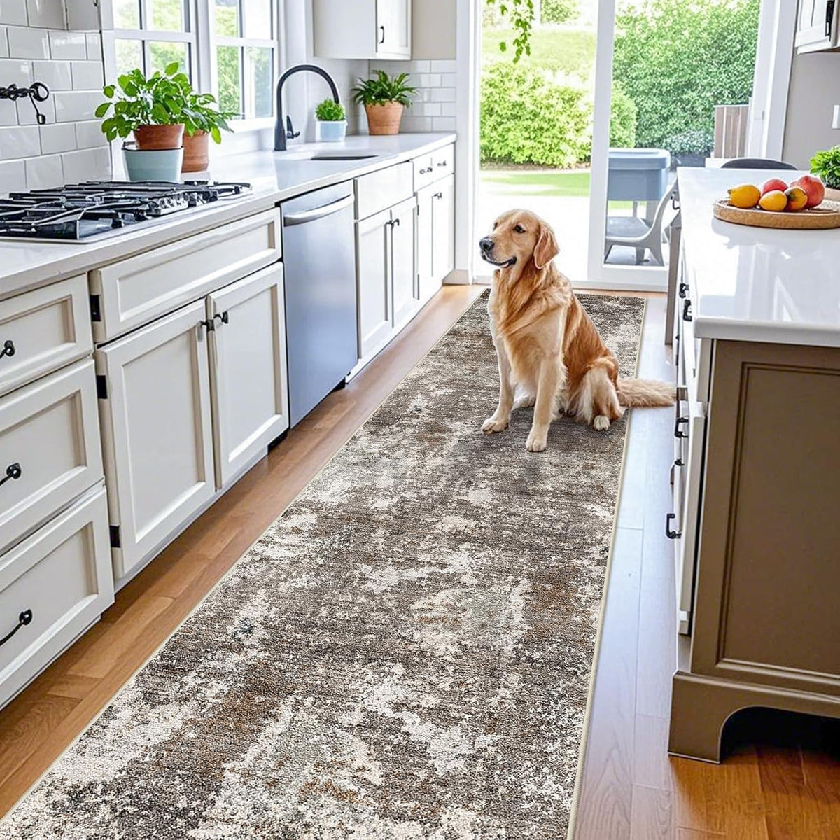 3x10 ft Long Hallway Runner Rug – Non-Slip Washable Kitchen Floor Rug with Rubber Backing, Modern Low Pile Thin Wide Carpet Runners for Bedroom, Entryway Indoor (Brown Beige,3x10)