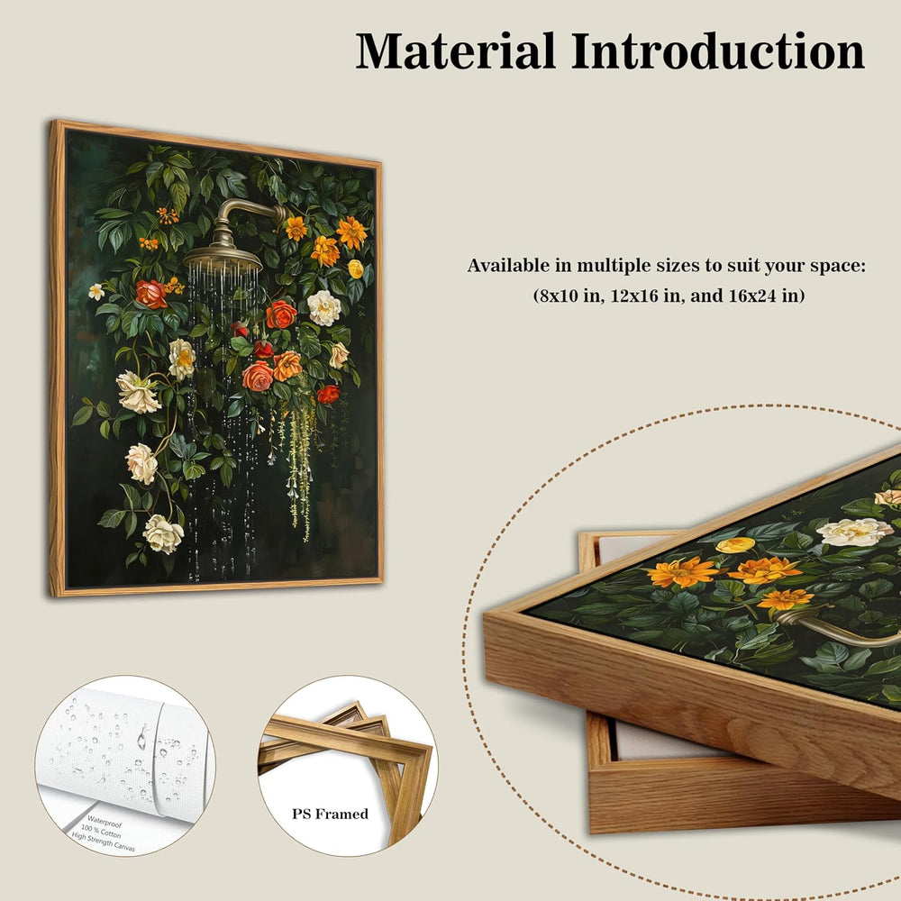 Floating Framed Floral Shower Wall Art, Vintage Botanical Flower Canvas Print...