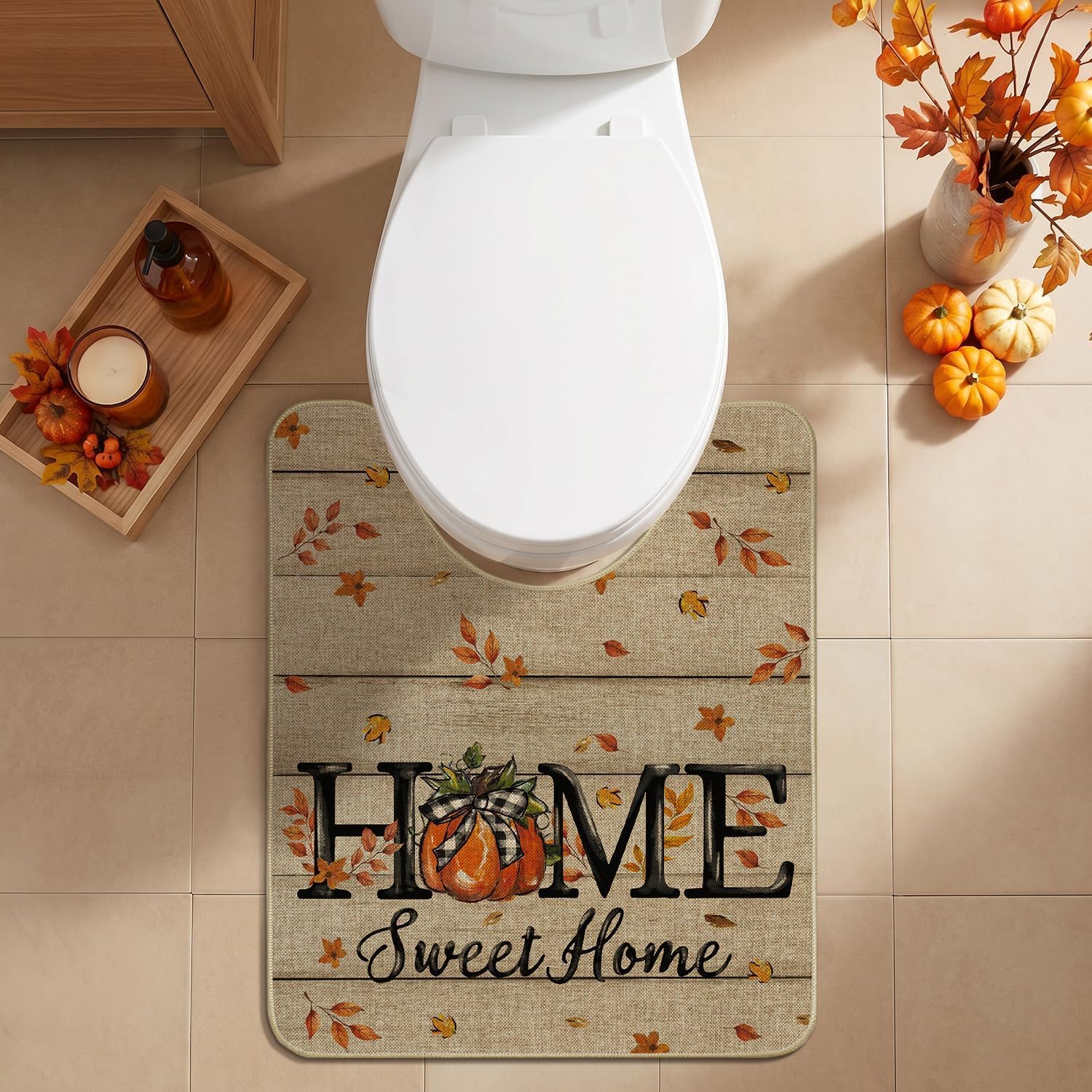 Artoid Mode Home Sweet Home Pumpkin Fall U Shaped Toilet Rug 20x24 Inch | Non-Slip Low-Profile Bathroom Decor Bath Contour Mat