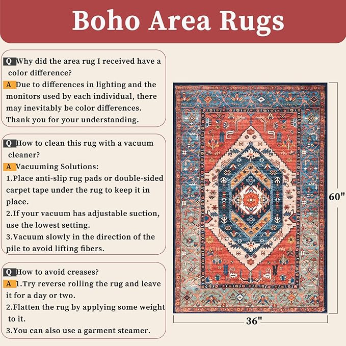 SERISSA Area Rug 3x5 Boho Rugs for Bedroom, Washable Non-Slip Kitchen Rugs - Image 2