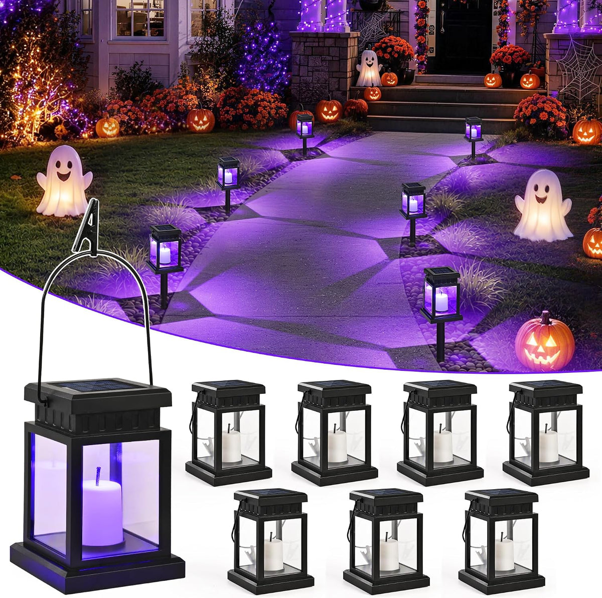 GIGALUMI 8 Pack Solar Halloween Lanterns Outdoor, Candle Lights with Stakes
