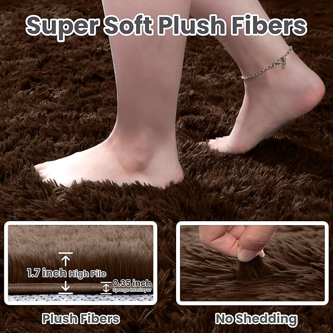 2x6 Bedside Area Rugs for Bedroom: Soft Fluffy Shag Brown Rug for Hallway - Image 4
