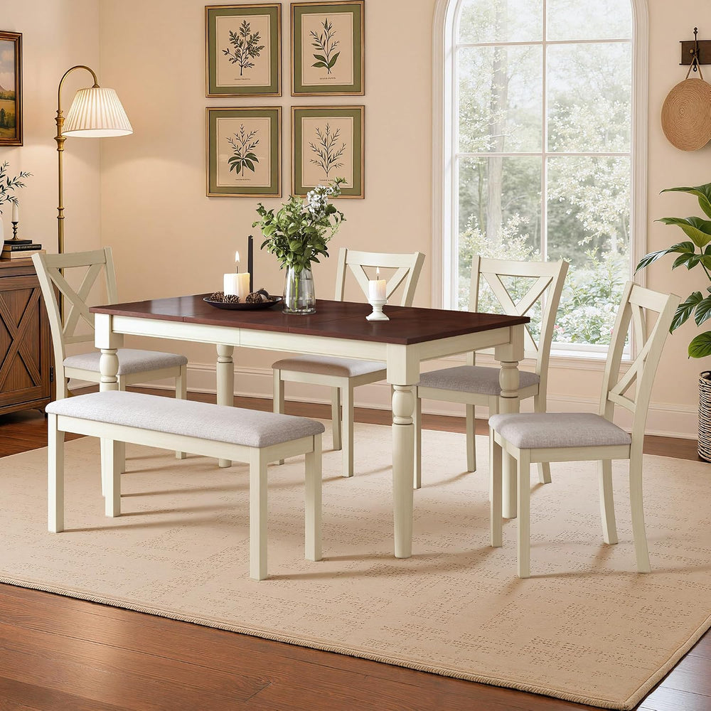 LUXOAK 6 Piece Solid Wood Dining Table Set with 60" Farmhouse Table