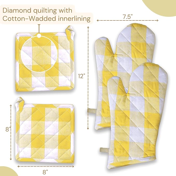 Buffalo Plaid Check Oven Mitts and Pot Holders Set, 100% Cotton, Heat Resistant - Image 4