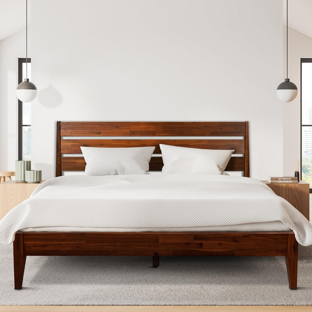 Emery Acacia Solid Wood Queen Platform Bed, Mid-Century, Chocolate.