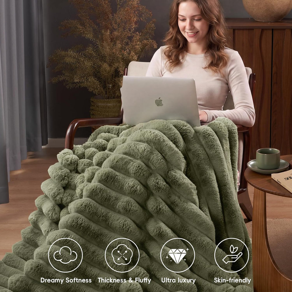 PHF Faux Fur Throw Blanket, 970 GSM Double-Sided, 50" X 60",Olive G...