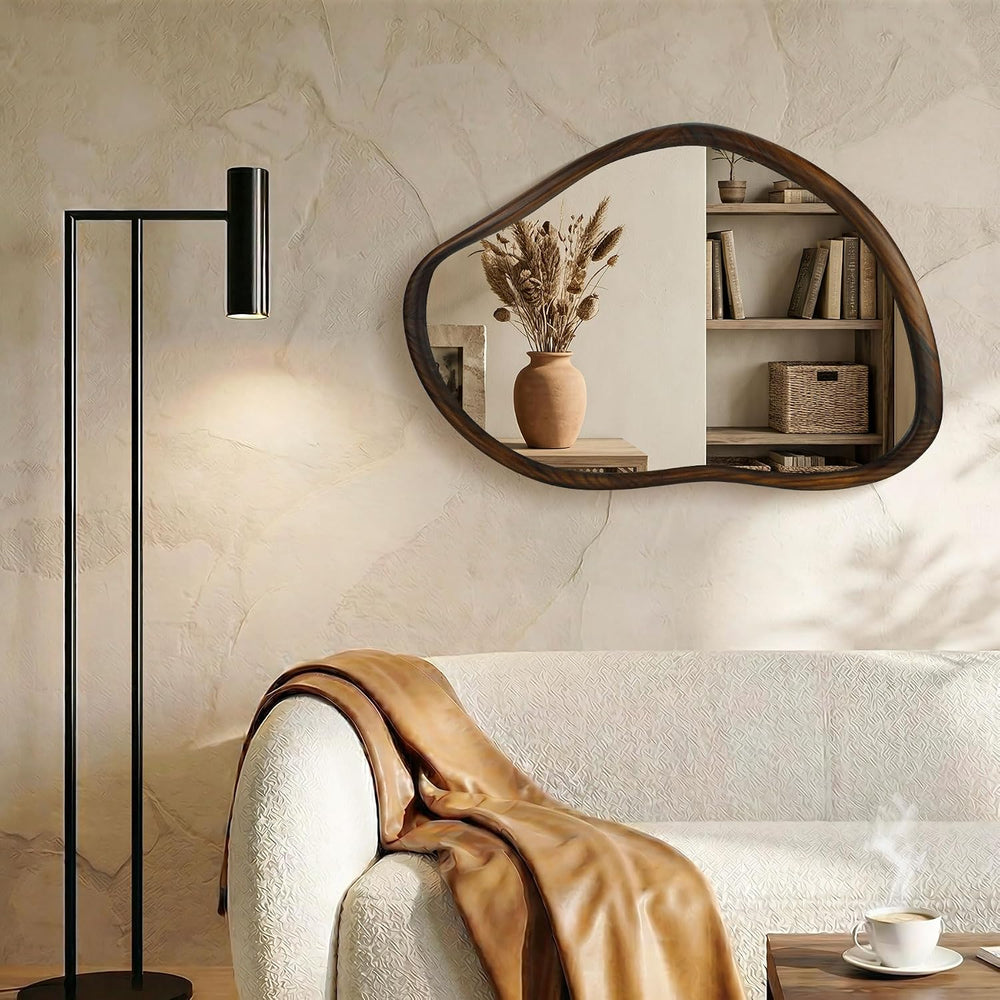 35"x24" Irregular Wood Asymmetrical Walnut Framed Mirror