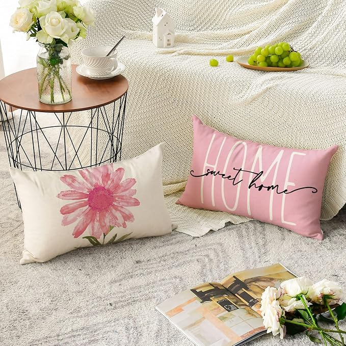 AVOIN colorlife Home Sweet Home Spring Summer Flowers Pink Throw Pillow Covers - Image 4