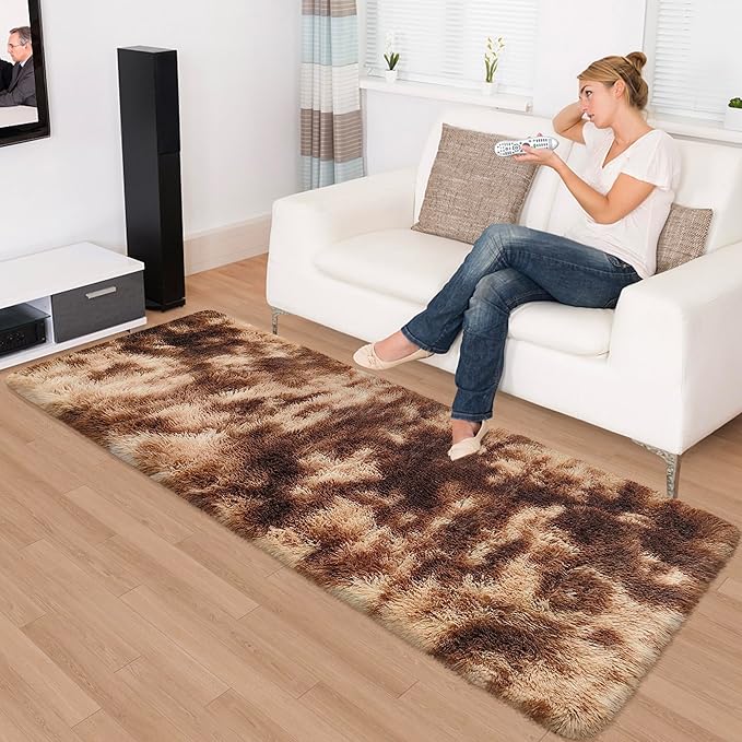 Super Soft Fluffy Living Room Area Rug 2x6 ft Tie-Dyed Brown Shaggy Furry - Image 2