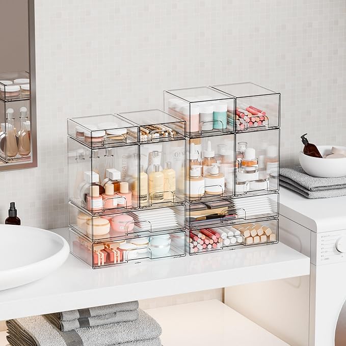 Yieach 12.1''W Clear Stackable Storage Drawers, Makeup Organizers, Plastic - Image 2