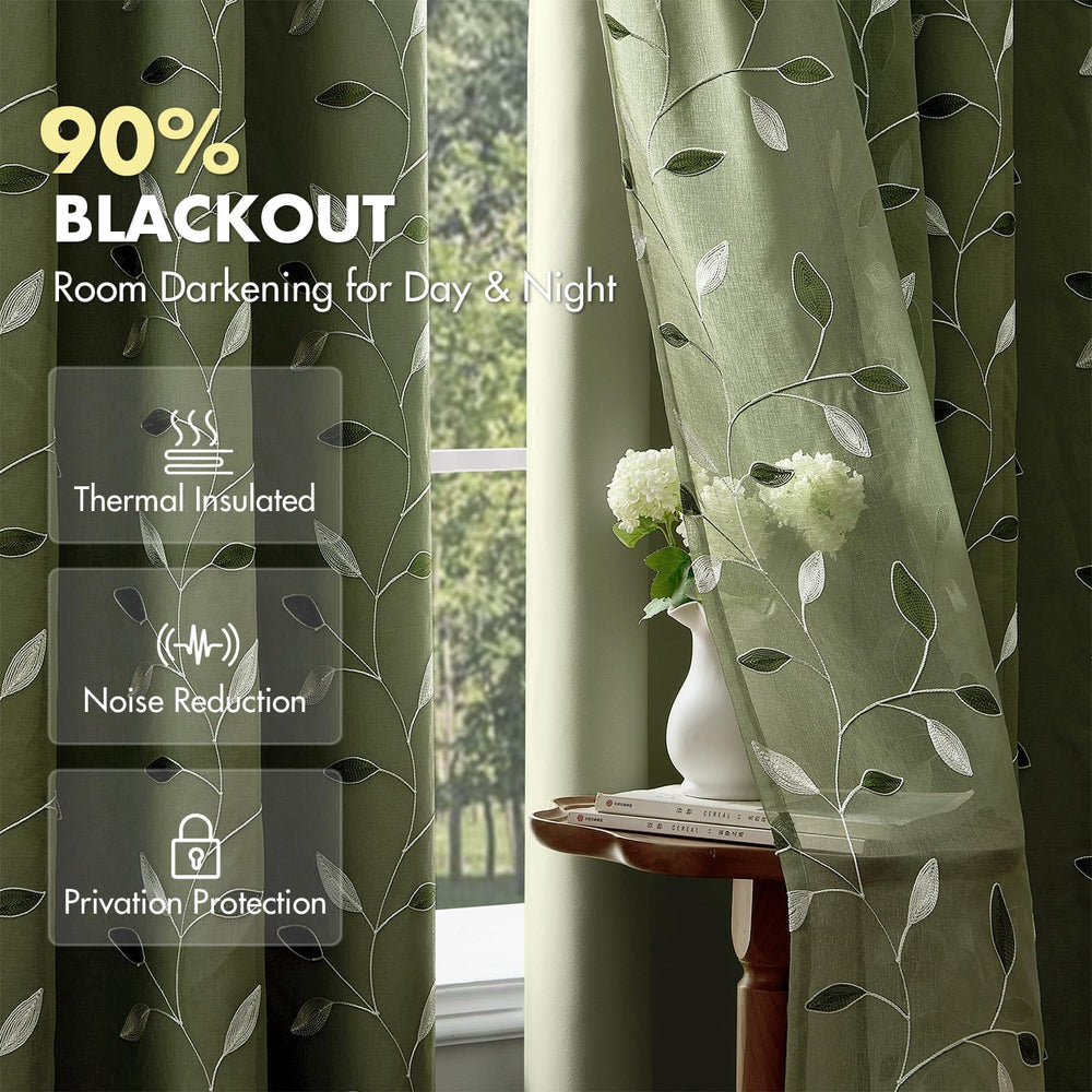 MIULEE Sage Green Double Layer Patterned Blackout Curtains 52" W x 84&qu...