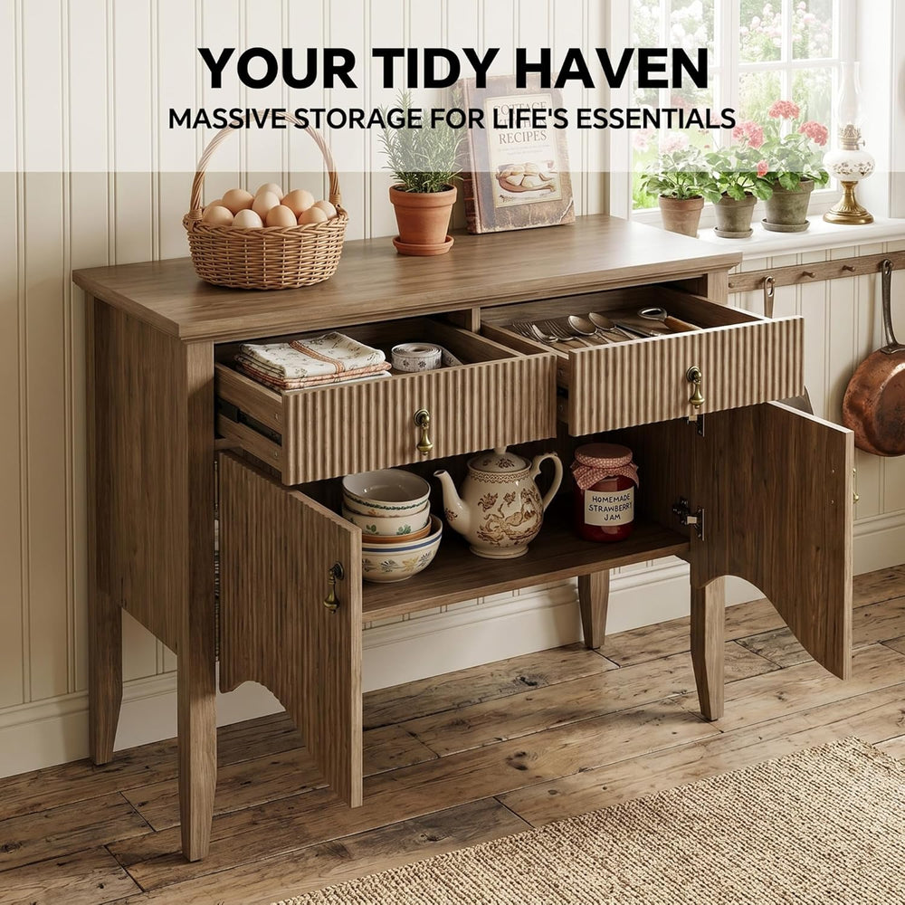 40" Fluted Buffet Storage Cabinet, Sideboard Credenza,Light Oak