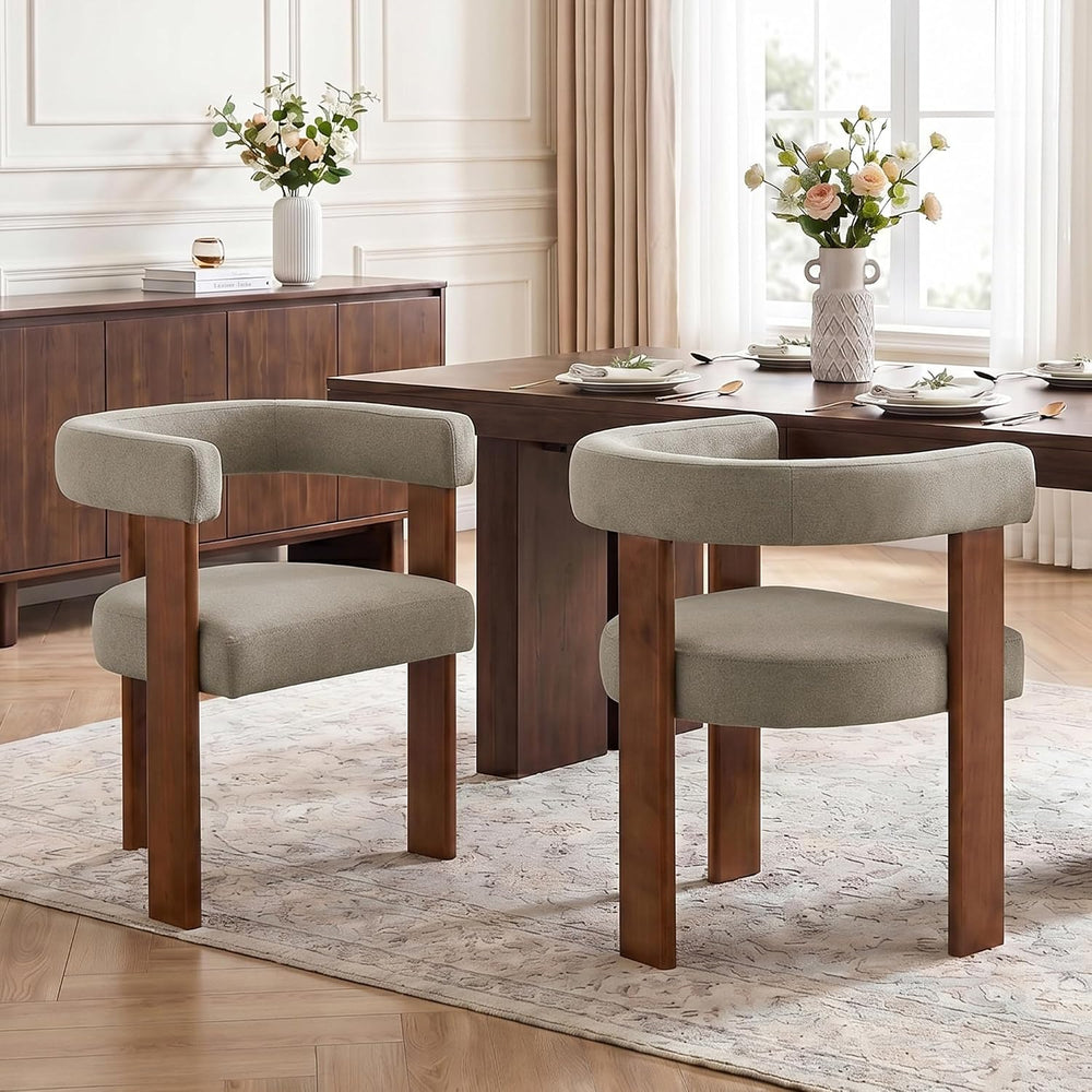 Usaint Wooden Barrel Dining Chairs Set of 2 with Walnut Wood Legs and Arm