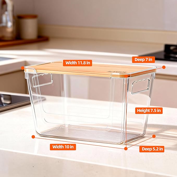 4 Pack Clear Storage Bins with Bamboo Lid, Garbage Bag Dispenser, Pantry