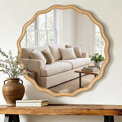 AMOISE Round Wavy Wall Mirror, 30" Circle Boho Scalloped Mirror