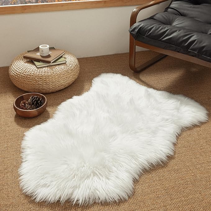 Ashler Faux Fur Rug, Fluffy White Small Sheepskin Rug, Ultra Soft 2x3 Ft Mat by AshlerHomeDeco