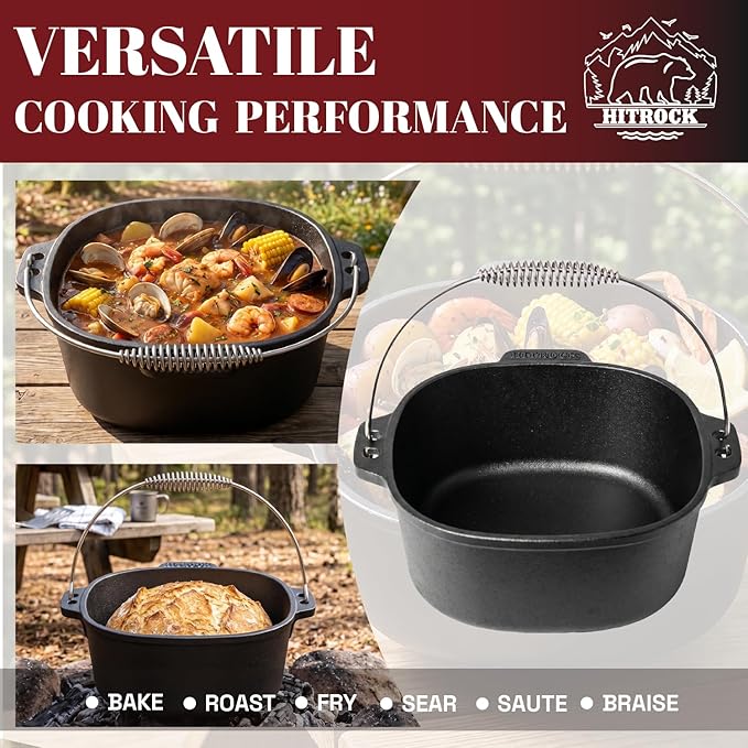 HITROCK Cast Iron Camp Dutch Oven 4QT, Pre-Seasoned Camping Dutch Oven - Image 5