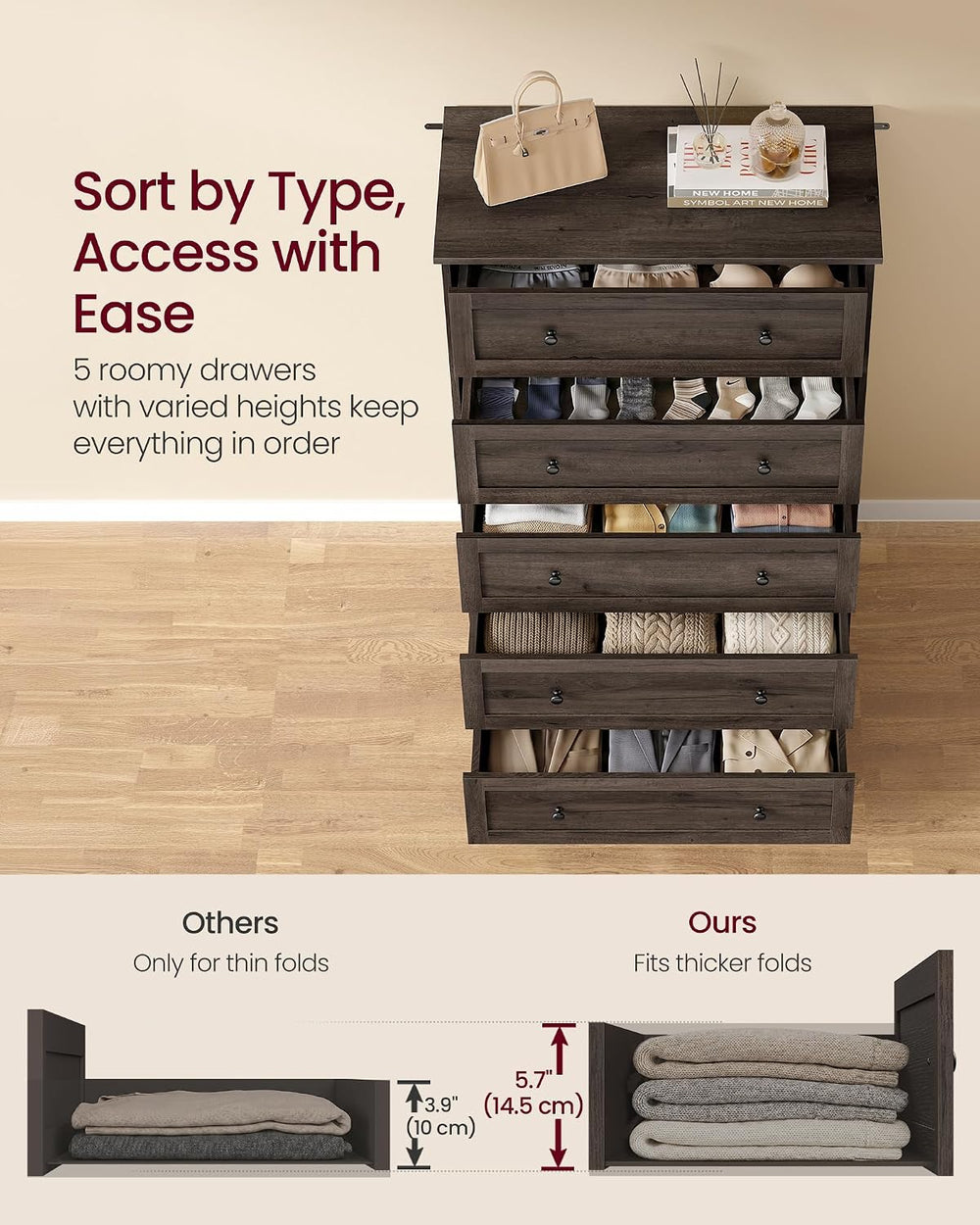 VASAGLE 5-Drawer Dresser, Chest of Drawers, 31.5 x 15.7 x 47.4 in