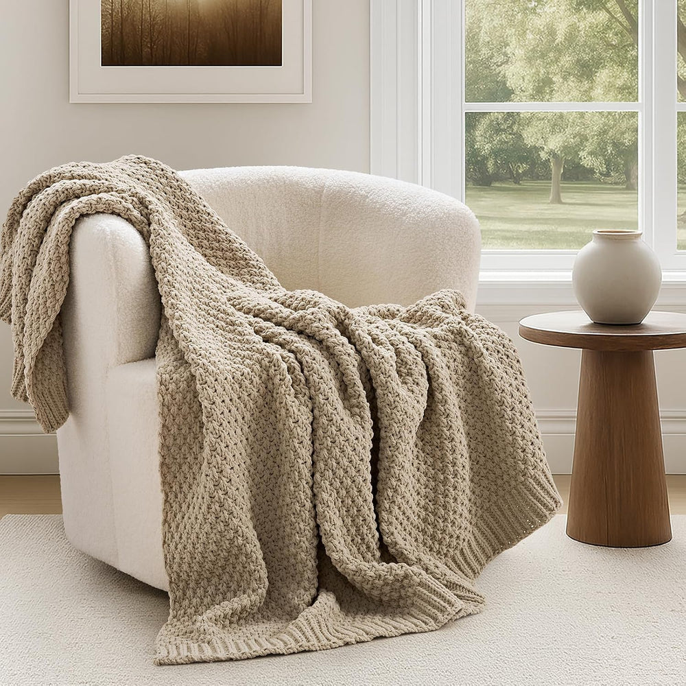 EVERGRACEHOME Chunky Chenille Knit Throw Blanket, 50 x 60, Sand Dune