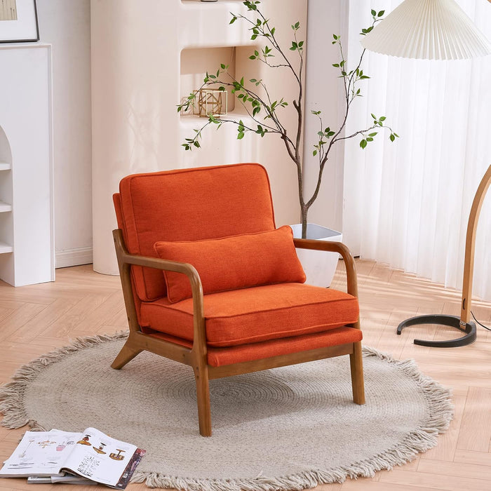 VINGLI Linen Burnt Orange Comfy Accent Chair, Mid Century Modern Lounge Armchair for Living Room, Upholstered Reading Chair for Bedroom, Cushined Corner Side Wooden Arm Chair for Room