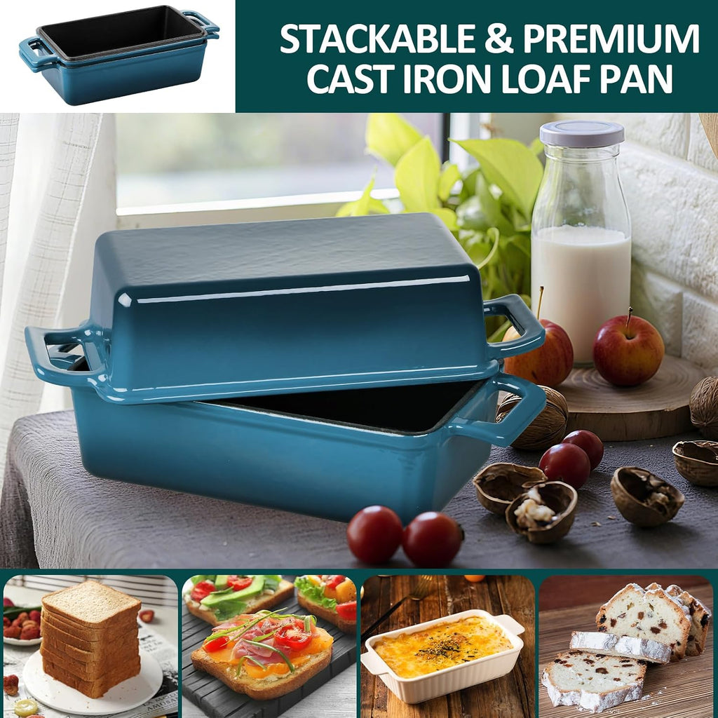 Leonyo Enamel Cast Iron Bread Pan, 9"x5" Loaf Pan with Lid, Blackish Green | 2-in-1 Dutch Oven for Pound Cake, Lasagna, Oven Safe & Heat Up to 500℉