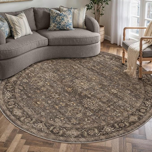 5x5 Washable Round Rug for Living Room Bedroom Vintage Brown Soft Low Pile by WondRg