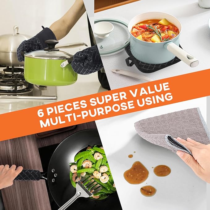 Philorn Oven Mitts and Pot Holders 6pcs, Kitchen Oven Glove High Heat Resistant - Image 6