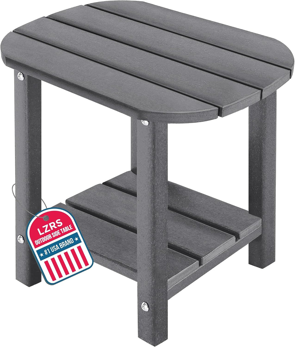 LZRS 2-Tier Patio Side Table, Heavy Duty HDPE Outdoor End Table with Wood Tex...