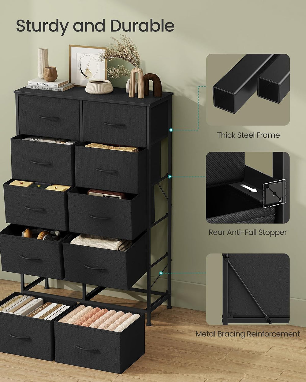 SONGMICS Dresser for Bedroom, Tall Dresser with 10 Fabric Drawers