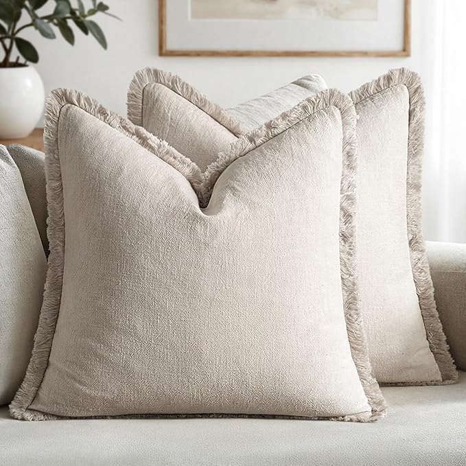 MIULEE Decorative Throw Pillow Covers Neutral Linen Fringe Throw Pillows Set of by MIULEE