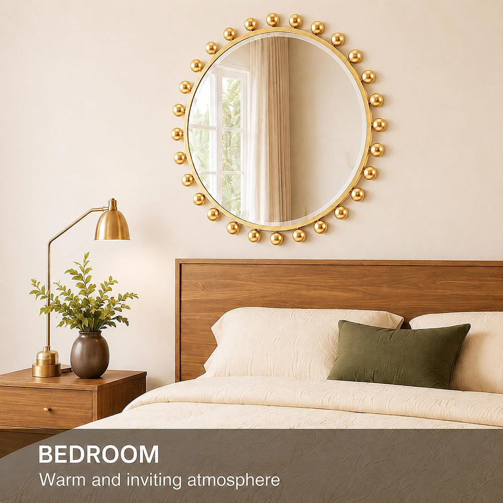 30 Inch Round Wall Mirror, Antique Gold Ball Frame, Beveled Glass