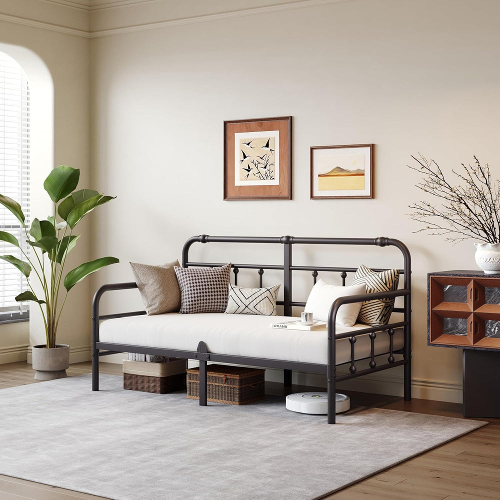 Twin Daybed Frame, Exquisite Day Bed Frame Twin Size with Headboard, Metal Pl...