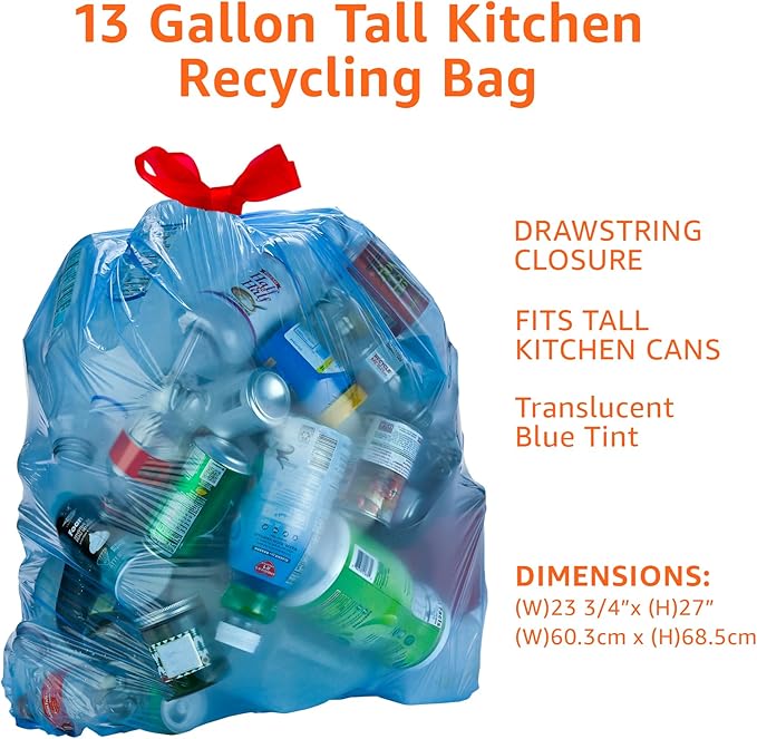 Amazon Basics Blue Recycling Drawstring Trash Bags, Tall Kitchen, 13 Gallon - Image 3