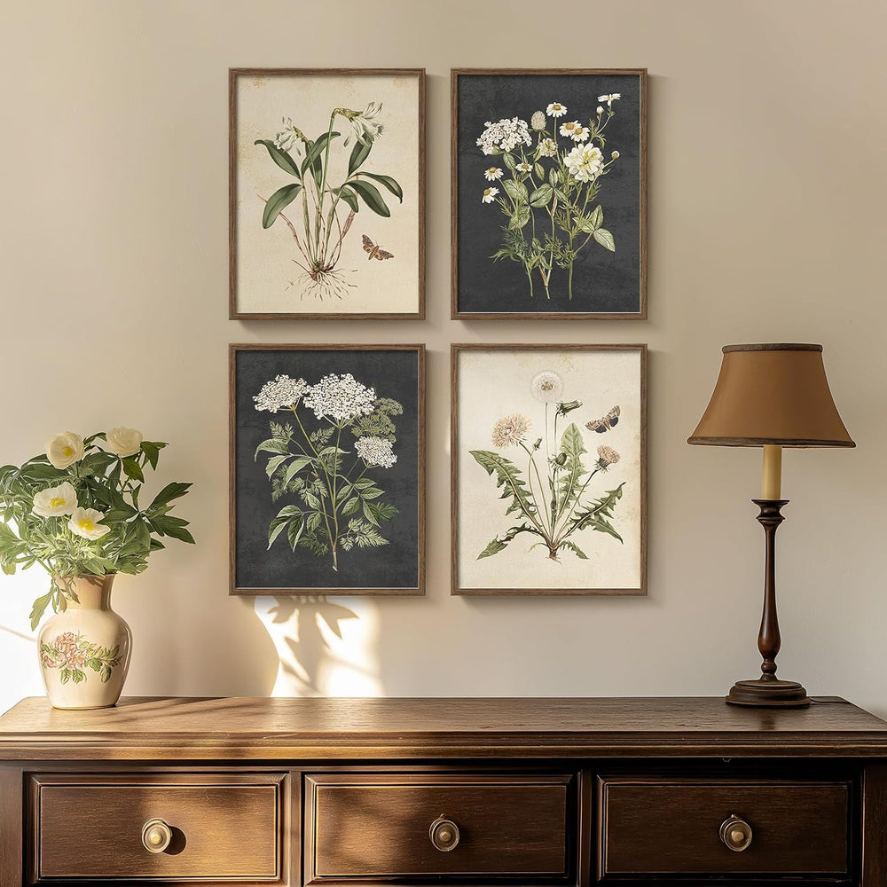 Framed Vintage Botanical Floral Wall Art for Bathroom, 4 Piece 8x10 In