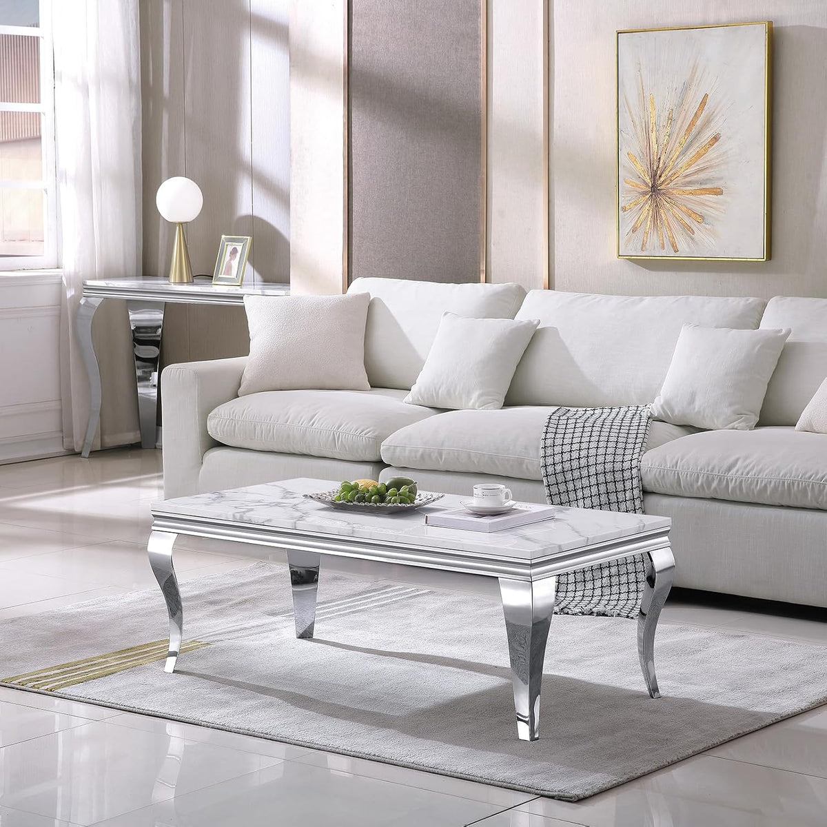 3 Piece Living Room Table Set, White Marble Coffee Table Set of 3, Modern Console Table & Coffee Table and End Table Sets for Living Room, Faux Marble Tabletop & Stainless Steel Legs, Silver