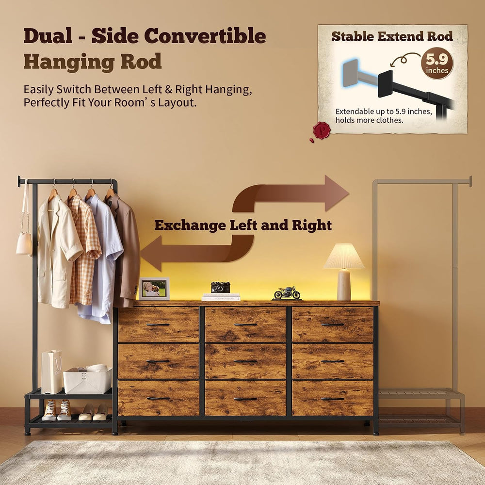 9-Drawer Dresser with Extendable Hanging Rack & LED Lights, Brown