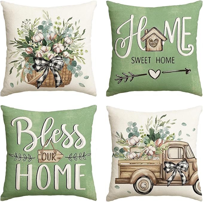 AVOIN colorlife Bless Our Home Farmhouse Eucalyptus Leaves Throw Pillow Covers by AVOINcolorlife