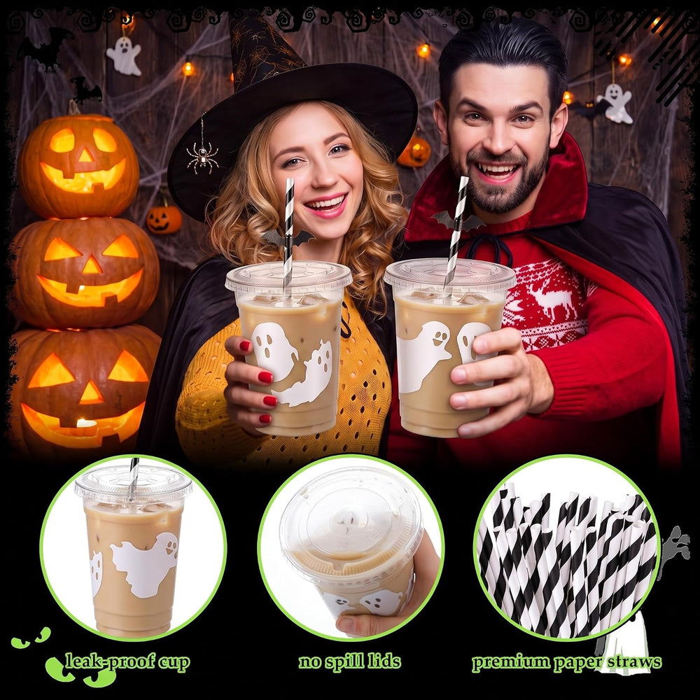 Jingmore 50 Set Halloween Ghost Lattes Plastic Cup 16 oz with Lid and Straw
