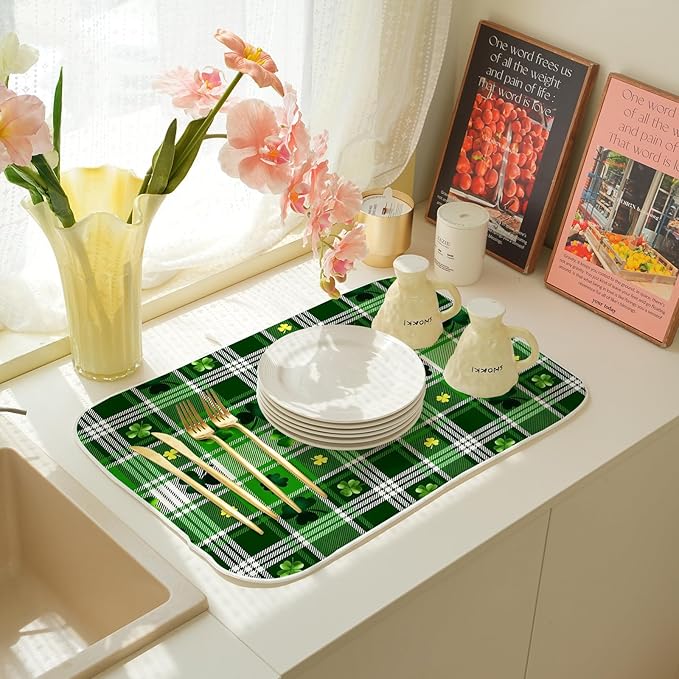 St. Patrick's Day Dish Drying Mat 18 x 24 Inch Green Buffalo Plaid Shamrock - Image 6