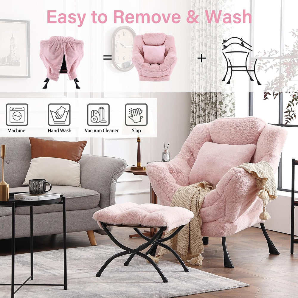 Lazy Chair with Ottoman, Plush Reading Chair with Pillow，Pink