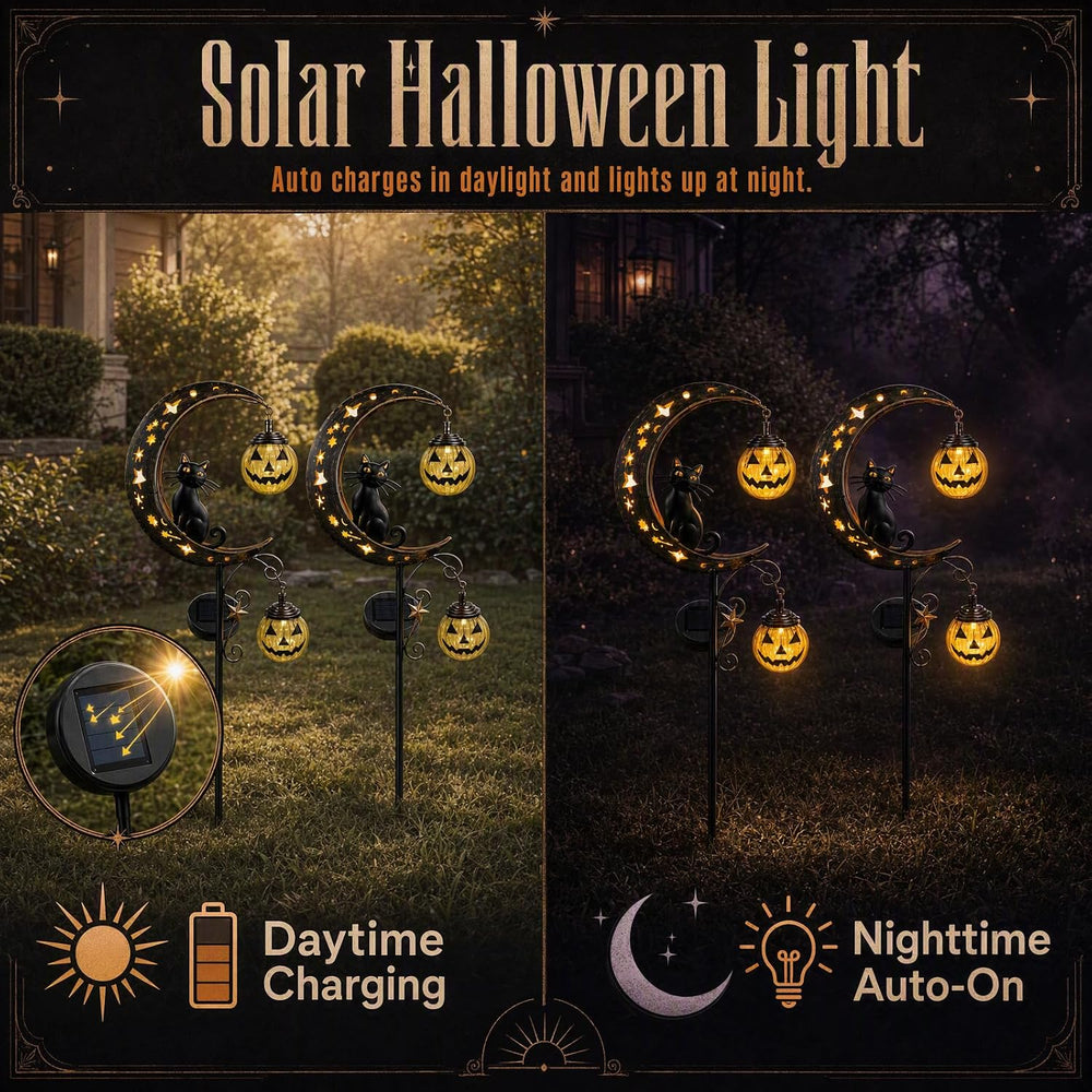 2 Pack Solar Halloween Pumpkin Moon Black Cat Garden Stake Lights Outdoor