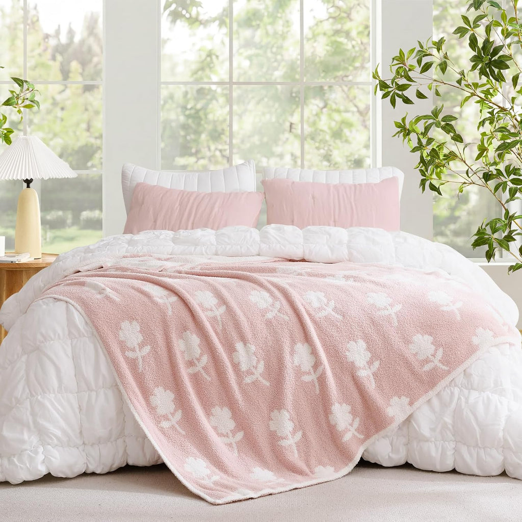 Snuggle Sac Flower Throw Blanket for Couch, Fuzzy Microfiber Warm Winter Daisy Floral Blankets, Sunflower Throws Gifts, Flower Pink, 50x60 inches