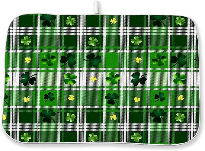St. Patrick's Day Dish Drying Mat 18 x 24 Inch Green Buffalo Plaid Shamrock by Sorktse