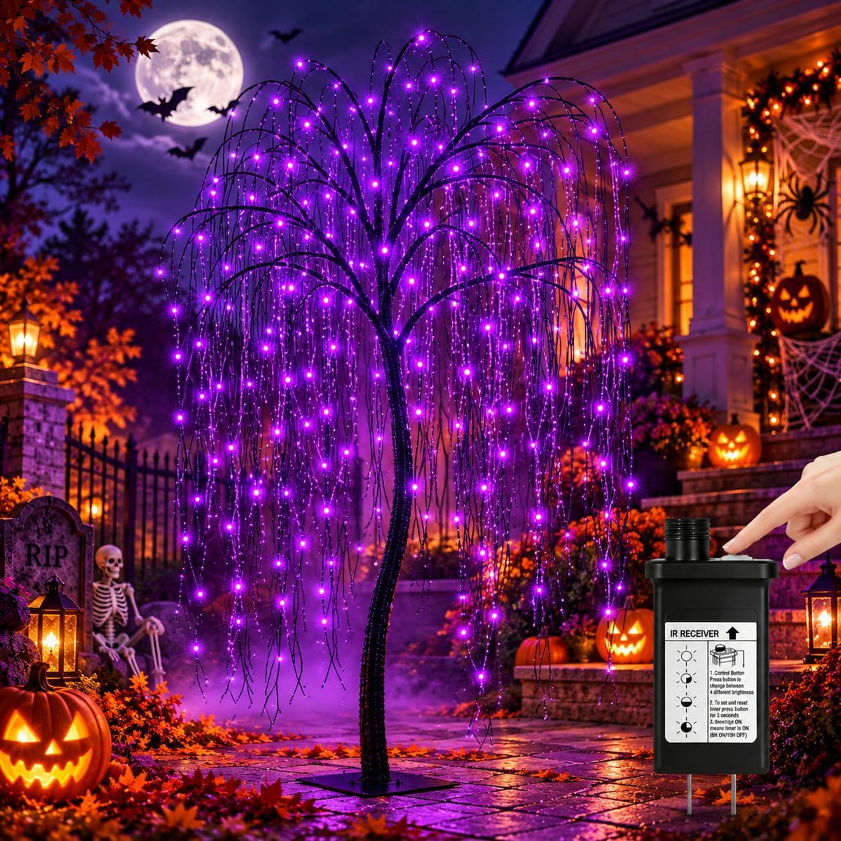 LIGHTSHARE 7 Feet Halloween Willow Tree with Spiders, 256 LED Lights for Home, Festival,Nativity, Party, and Christmas Decoration,Indoor Outdoor Use, Purple