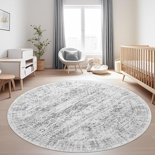 6x6 Grey Round Rug 6ft Living Room Circle Rug Gray Vintage Round Area Rug Non - Image 2