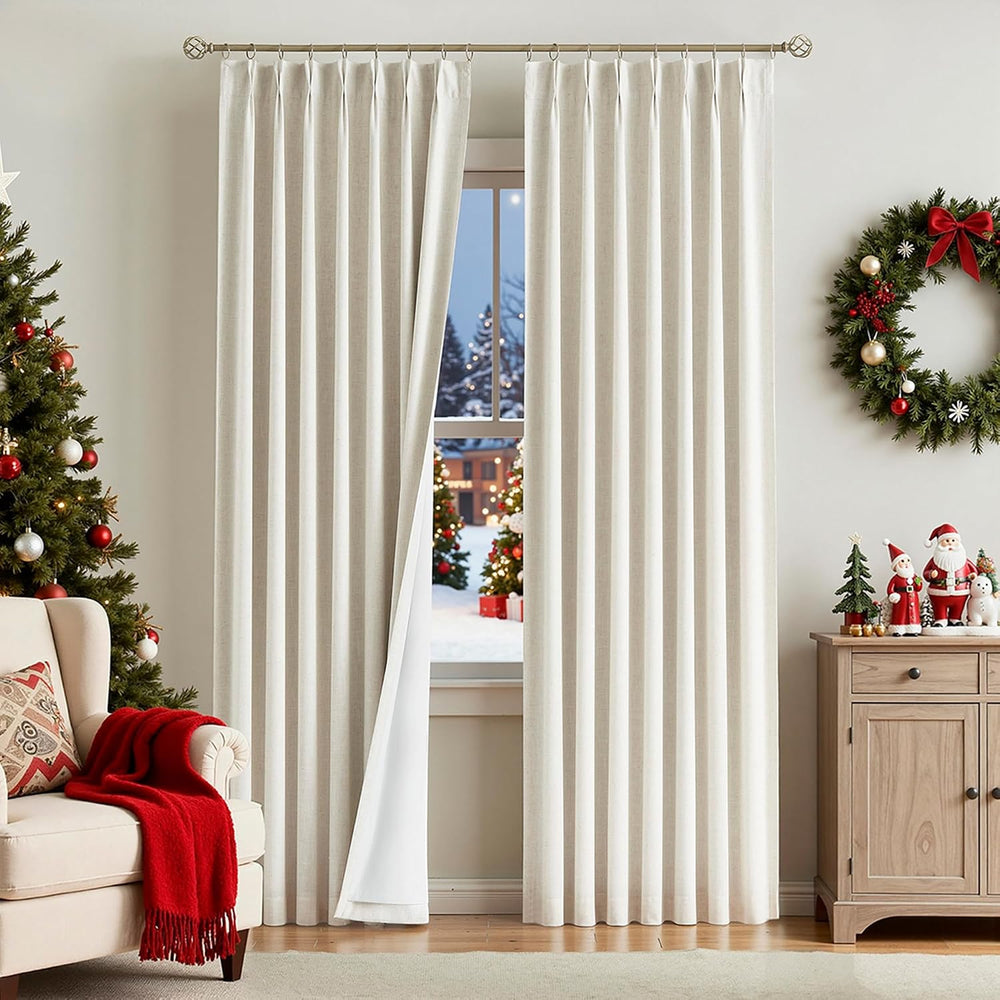 Vision Home Natural Pinch Pleated Full Blackout Curtains Linen Blended Room D...
