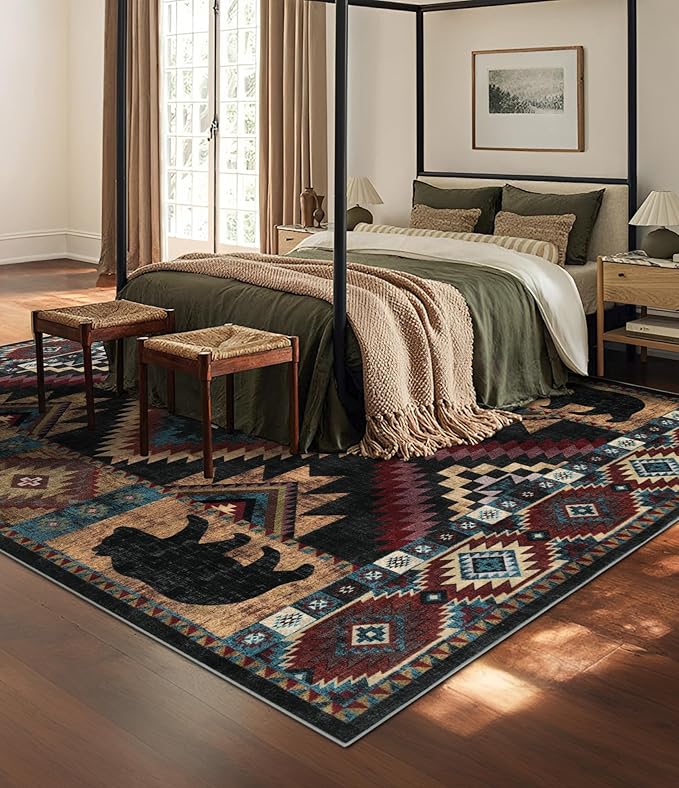 YIHOUSE Rustic Cabin Area Rug for Living Room 8x10, Machine Washable Lodge Bear - Image 3